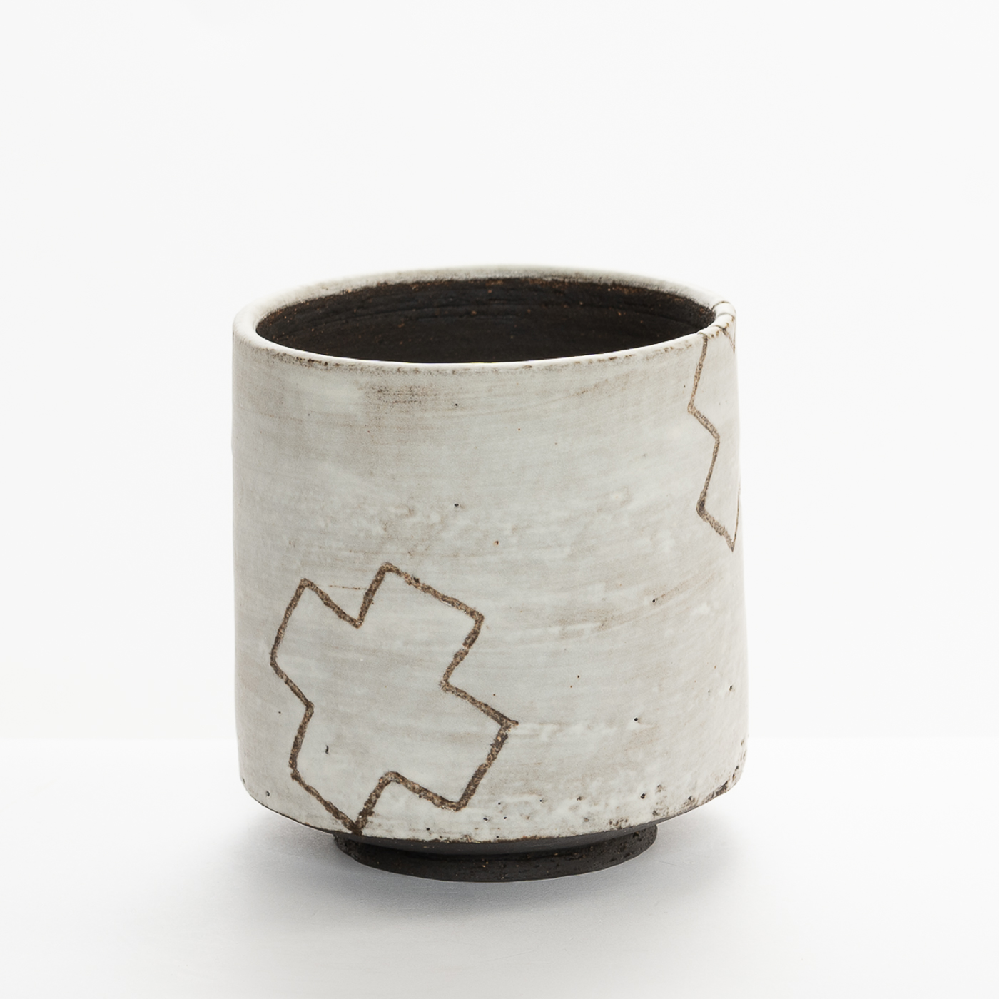 AP575Y41 Black Industrial Vessel with Sgraffito Crosses